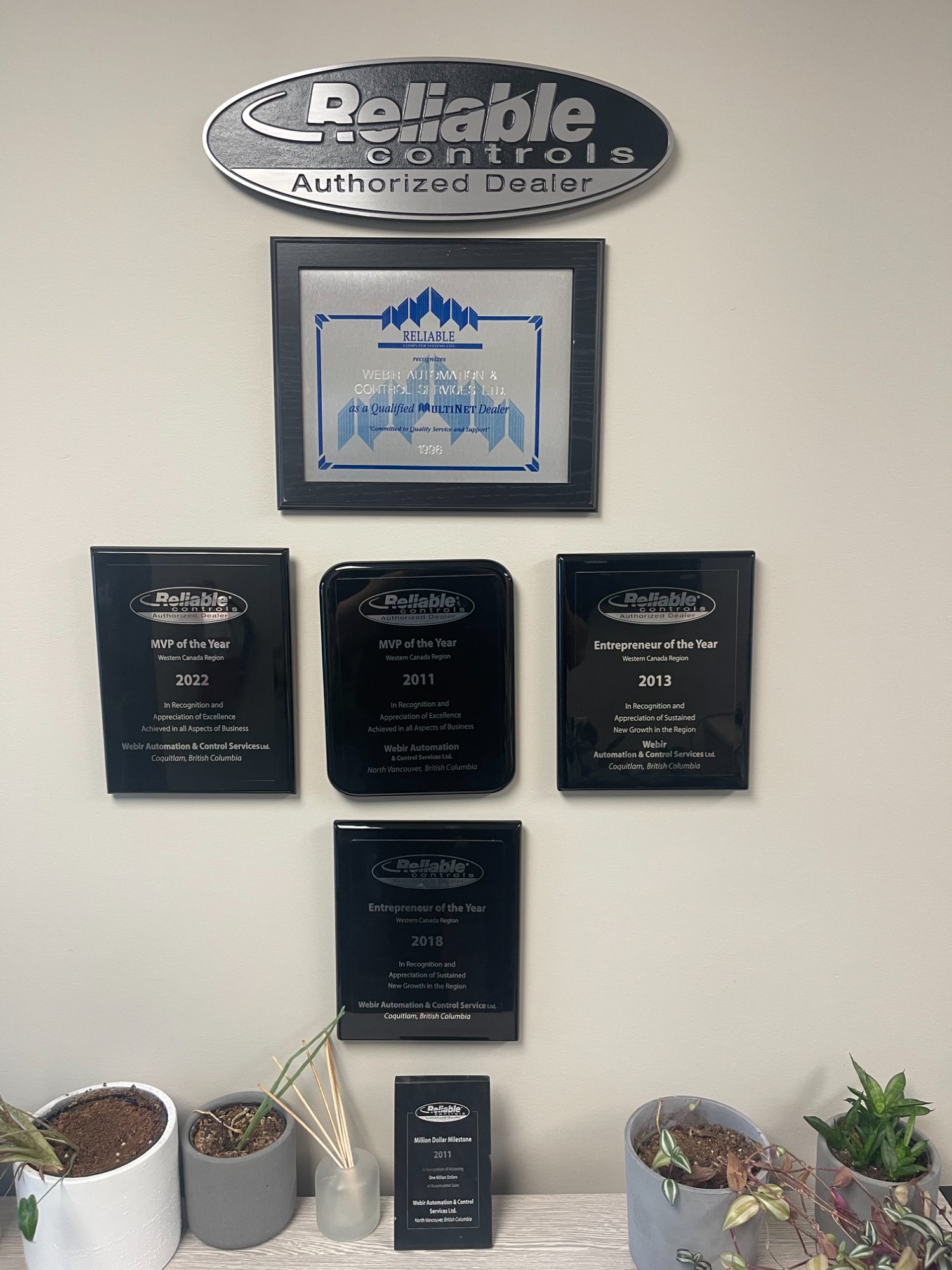 Webir Reliable Controls awards wall